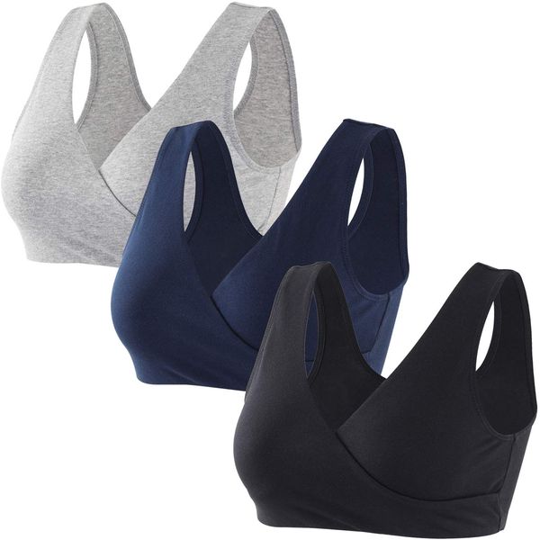 ZUMIY Maternity Nursing Bras, Seamless Maternity Bra for Pregnancy & Breastfeeding, Comfortable Wireless Bra Night Sleep Top (L, Black+Grey+Navy blue/3pack)