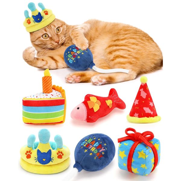 CiyvoLyeen 6Pcs Birthday Themed Catnip Toys Cat Birthday Gift Kitten Interactive Toys for Cat Lover Cake Crown Fish Soft Plush Catmint Pet Supplies Kitty Chew Kick Toys
