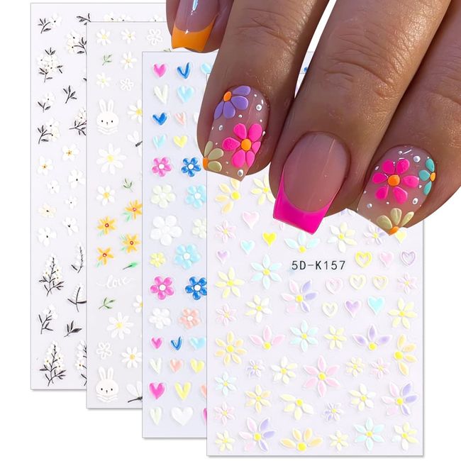 Daisy Nail Art Sticker 5D Exquisite Nail Art Supplies Flower White Floral Nail Decal 3D Self-Adhesive Luxurious Colorful Daisy Exquisite Design Nails for Women and Girls Nail Decorations 4 Sheet