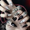 Bufenia 24Pcs Skull Leopard Stiletto Fake Nails Black Snake Halloween Rose Almond False Nails Long Party Acrylic Art Full Cover Press on Nails Tips for Women and Girls (Skull)