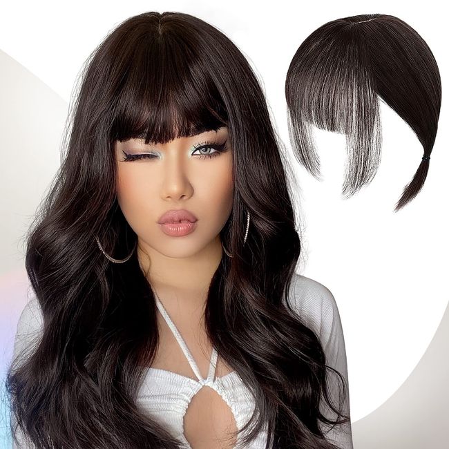 Echthaar Topper Top Haarteile Clip in Pony Haarverlängerung Haarteil, Clip in Fransen Fringe Bangs Verlängerung Haarteil Extensions Bangs natürliche Fringe Dünn Bang für Frauen Mädchen, Schwarzbraun