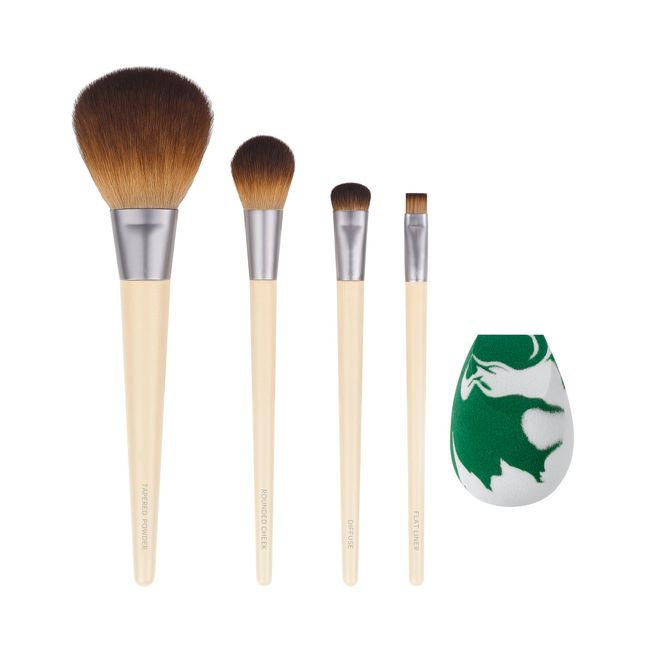 EcoTools Core Five Make-up-Pinsel- und Schwamm-Set, für Lidschatten, Rouge, Bronzer, Eyeliner und Foundation, Make-up Blending Schwamm, Pinsel Essentials, 5-teiliges Set