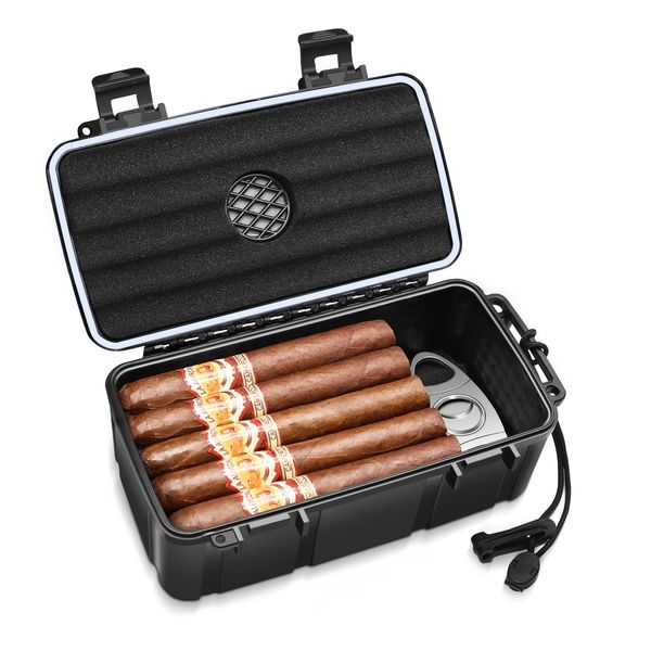 Flauno Travel Cigar Humidor Case - Portable Cigar Box with Humidifier Disc & Cigar Cutter, Waterproof, Crushproof, Airtight Seal, Durable Cigar Case, Gift for Cigar Lovers (Holds up to 15 Cigars)