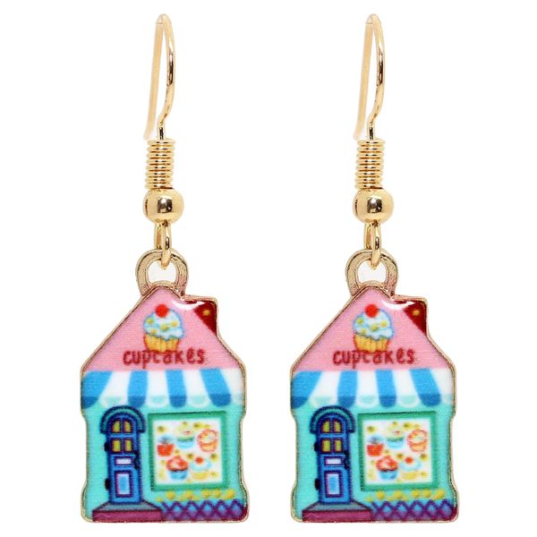 Bluebubble TINY TOWN Miniature Shop Dangle Earrings on Gift Card (Cute Cupcake Bakery)