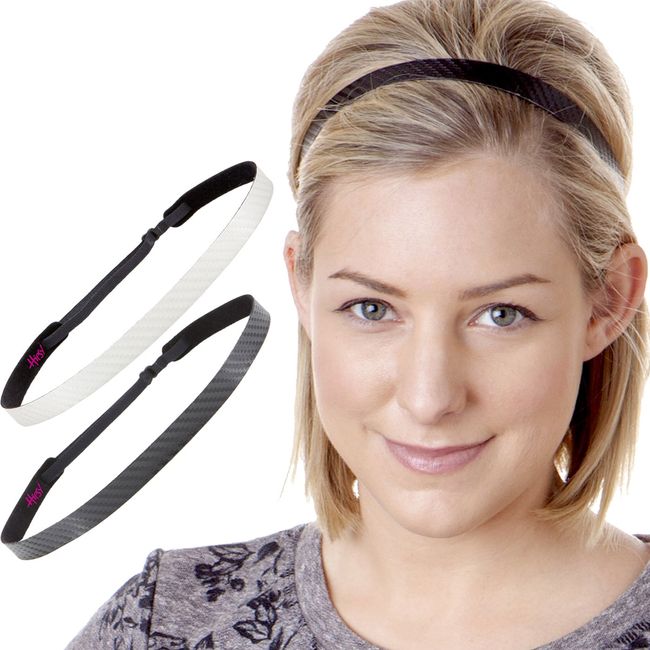 Hipsy Regular Size, Women's Adjustable NO Slip Skinny Tech Sport Headband 2pk Multi Packs (White & Black)