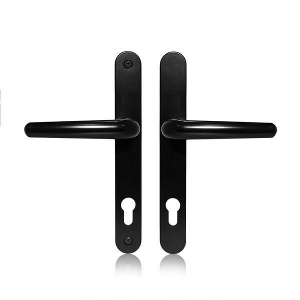 XFORT Uros Matt Black UPVC Door Handle, (PZ 92mm, 211mm Screw Hole Distance, 243mm Overall) Long Backplate Aluminium, Front Door Handle