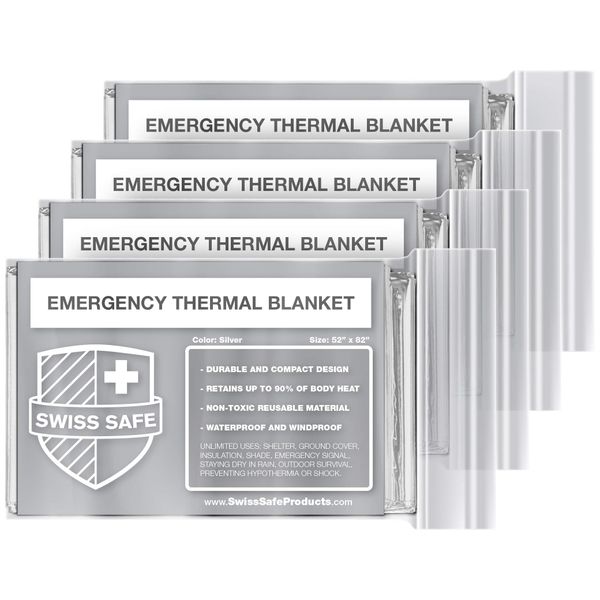 Swiss Safe Emergency Mylar Thermal Blankets + Bonus Space Blanket - Compact & Insulated for Cold Weather - Designed for NASA, Outdoor Camping, Survival, First Aid Car Kit - Silver, 4 Pack