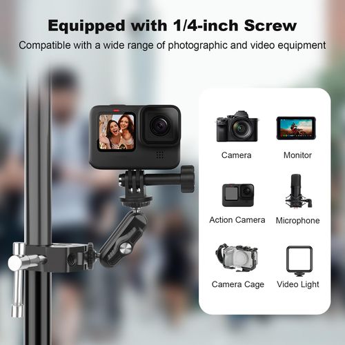 Mechrig Dual Ball Head Magic Arm Adapter with 1/4" Screw & Anti-Slip Grip - Aluminum Alloy Camera Rig Accessory for DSLR/Monitor/LED Light (67002)