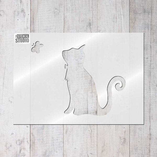 The Stencil Studio Ltd - Cat and Butterfly Stencil - Reusable Stencil - Size Small (A4) (10335S)