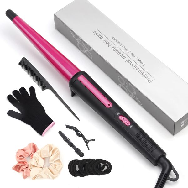 Hair Curling Wand, 0.5-1Inch Tapered Curling Iron, Professional Ceramic Hair Curler Wand with Heat-Resistant Glove, Dual Voltage (Rose Gold)