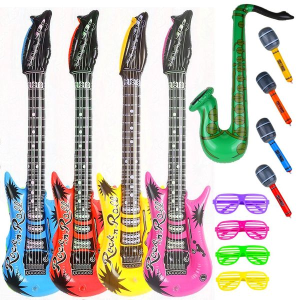 Party Inflatable Rock Star Toy Set,13 Pack, 4 Designs Inflatable Toy Set,4 Electric Guitar,4 Microphones ,4 Shutter Shading Glasses and 1 Saxophone,for Concert Theme Party Favors