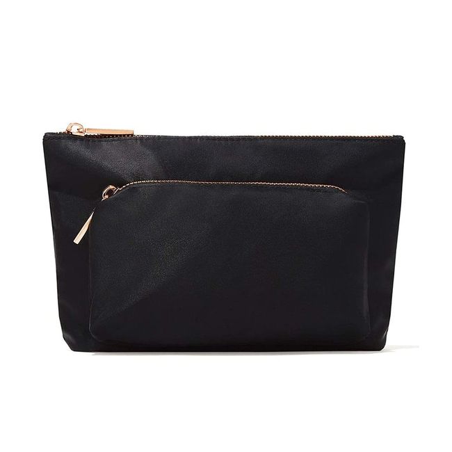 Jillian Dempsey Makeup Bag: Medium Sized Everyday Cosmetic Organizer with 2-Pockets and an Easy to Clean Nylon Material I Black with Rose Gold