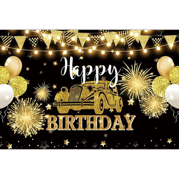 Black and Gold Happy Birthday Backdrop Banner for Women Men Birthday Party Backdrop, Classic Car Happy Birthday Sign Party Decorations Supplies (10X8FT, Polyester)