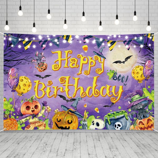 Halloween Happy Birthday Banner Decorations, Halloween Birthday Backdrop Banner - Large 71x45 Inch Pumpkin Bat Boo for Halloween Theme Birthday Party Backdrop Decorations Supplies