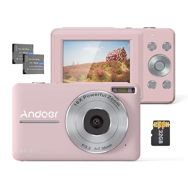 Andoer Digital Camera Pink Digital Camera With 2Pcs Rechargeable Batterie 32Gb Memory Card 1080P 44M Hd 16X Digital Zoom Anti-Shake Auto Focus 2.5 Ips Screen Smile Lcd Screen For Kids Children Holiday