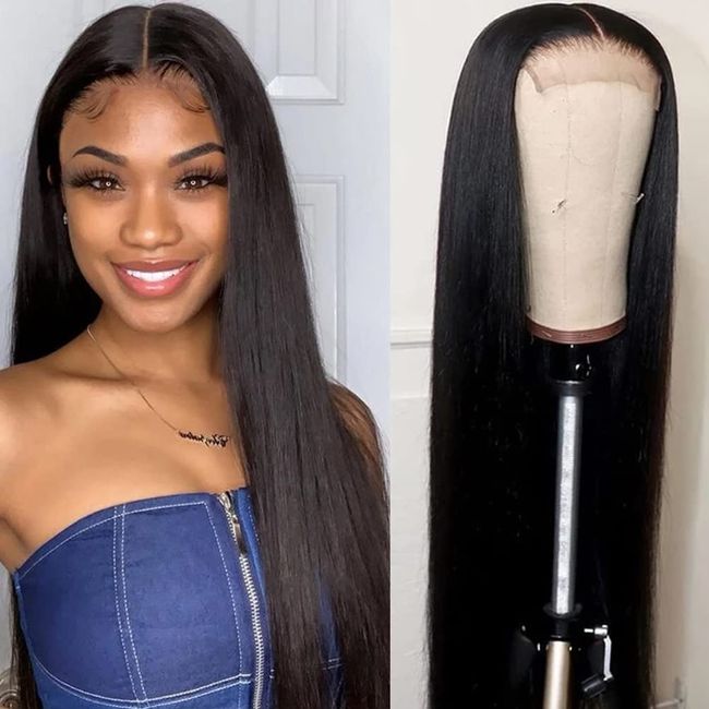 Style Icon Echthaar Perücke Damen Perücke Schwarz Human Hair Wigs frei Scheitel 4x4 Lace Front Wigs glatt Haar brasilianisches Virgin Remy Hair 150% Dichte (24 Inch, NATURAL)