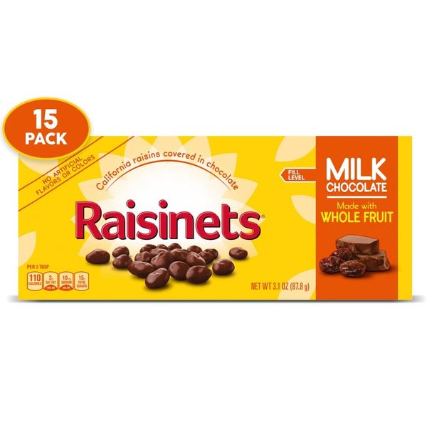 Raisinets, Milk Chocolate Covered California Raisins, Movie Theater Candy Box, 3.1 oz each, Bulk 15 Pack