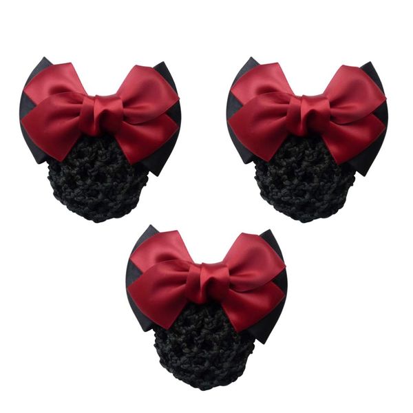 Minkissy 3Pcs Hair Snood with Flower Clip, Bowknot Mesh Bun Cover and Headdress for Women and Girls - Office and Casual Wear - Red