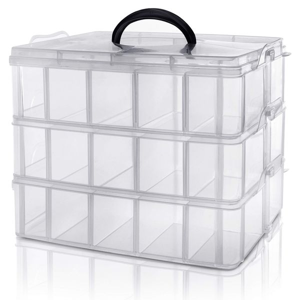 Kurtzy 3-Tier Craft Storage Box with 30 Compartments - Plastic Organiser Box for Medicine, Craft Supplies, Beads, Jewellery, Lego and Hair Accessories