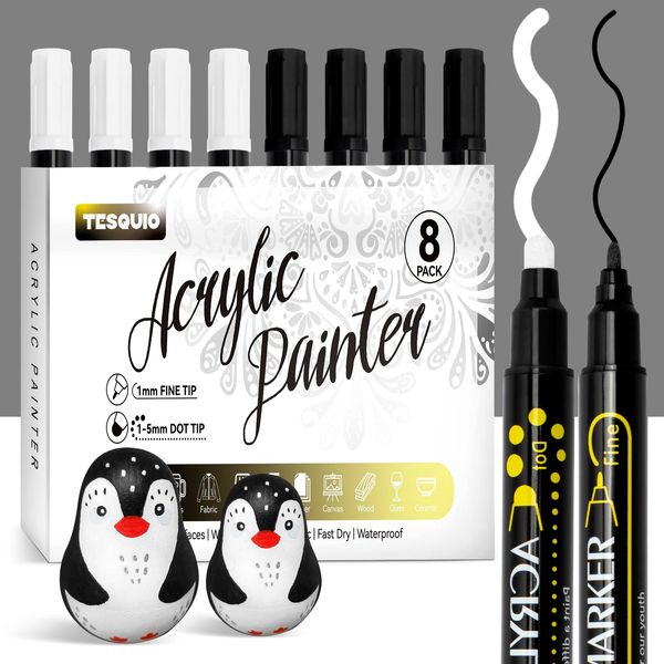 Tesquio Weiß Schwarz Acrylstifte Dual Tip 8pcs weißer Stift wasserfest Marker Stifte permanent marker schwarz weiß Stifte für Schwarzes Papier, Holz, Leinwand, Keramik, Steine Bemalen