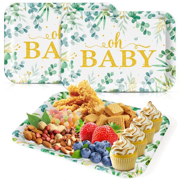 AKAIXI Greenery Baby Shower Serving Tray - 3 PCS Melamine Platters Sage Green Baby Shower Party Supplies 13" Eucalyptus Leaves Oh Baby for Gender Reveal Decorations Birthday Neutral Party Favors