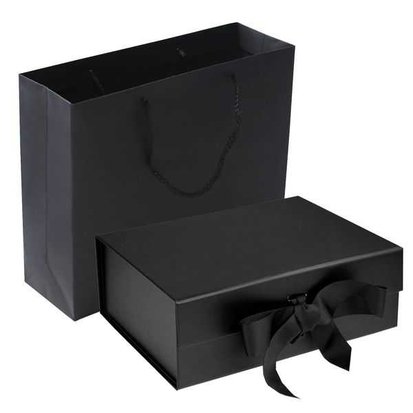 RUIFYRAY Black Luxury Magnetic Gift Box with Lid, Ribbons and Gift Bag, Medium Size-9.4x7x3 Inches, Great for Christmas, New Year, Wedding, Birthdays, Man