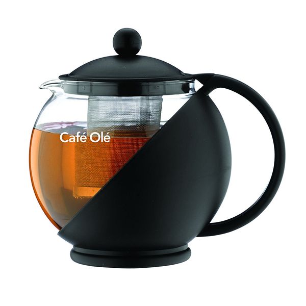 Café Ole CMP-07TP Everyday Round Tea Pot Infuser Basket Glass Teapot Loose Leaf 700 ml/24 oz, Black