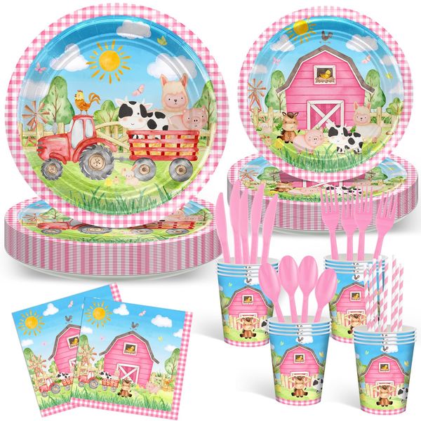 Avezano 192 Pcs Farm Birthday Party Supplies Tableware Pink Farm Animal Baby Shower Party Decor Include Dinner Plates Napkins Cups Dinnerware, Farm Barnyard Theme Party Favors Serves 24