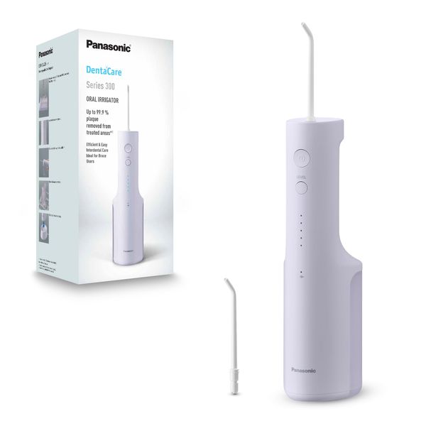 Panasonic Series 300 Oral Irrigator EW-DJ26-V311, Water Flosser for Teeth, 200ml, IPX7, 2 Regular Nozzles, 5 Pressure Settings, Travel Accessory, Purple