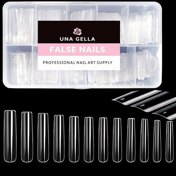 UNA GELLA Extra Long Tapered Sqaure Nail Tips Full Cover 504pcs No C Curve Clear Gel Nail Tips XXL Long Straight Nails Tips Acrylic Nails Long Square Gel X Nails for DIY Nail Art 12 Sizes