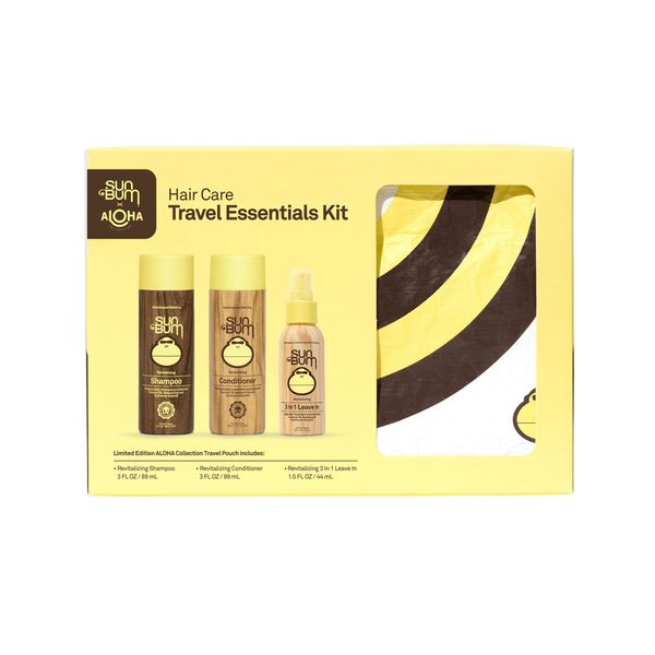 Sun Bum Hair Care Travel Essentials Kit | Revitalize Your Hair With Revitalizing Shampoo, Conditioner, and 3-in-1 Leave In Treatment | Includes Aloha Collection Travel Pouch