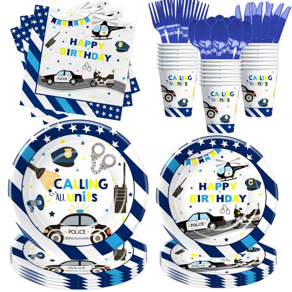 Suhelkit Police Party Decorations Tableware - Police Birthday Party Supplies For Kids, Paper Plate, Napkin, Cup, Disposable Cutlery, Police Officer and Car Theme Birthday Party Decorations | 24 Guests