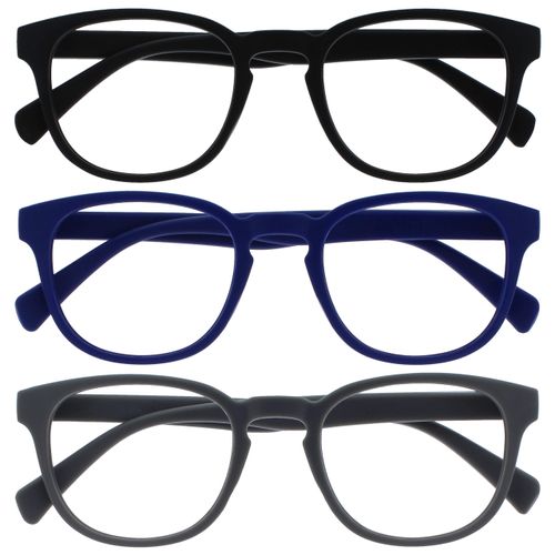 OPULIZE Pop Reading Glasses 3 Pack Fun Round Matt Frame Black Blue Grey Spring Hinges Scratch Resistant Mens Womens RRR2-137 +3.50