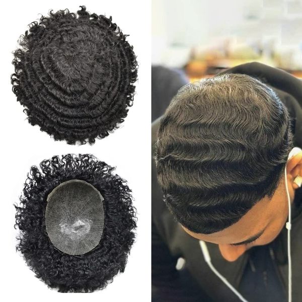 Weave Hair Unit for Black Men Brazilian Human Hair Replacement System for American African Black Men Injection Full Poly Skin Curly Hair Pieces LYRICAL HAIR (14MM Afro Wave, 1# Jet Black)