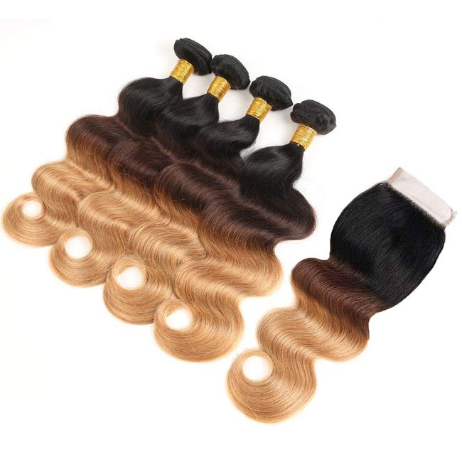 𝗜𝗻𝘀𝗤𝘂𝗲𝗲𝗻 Ombre Human Hair Bundles with Closure 100% Unprocessed Virgin Brazilian Human Hair Body Wave 4 Bundles with 4x4 Lace Closure Free Part (10 10 10 10+10#T1B/4/27)