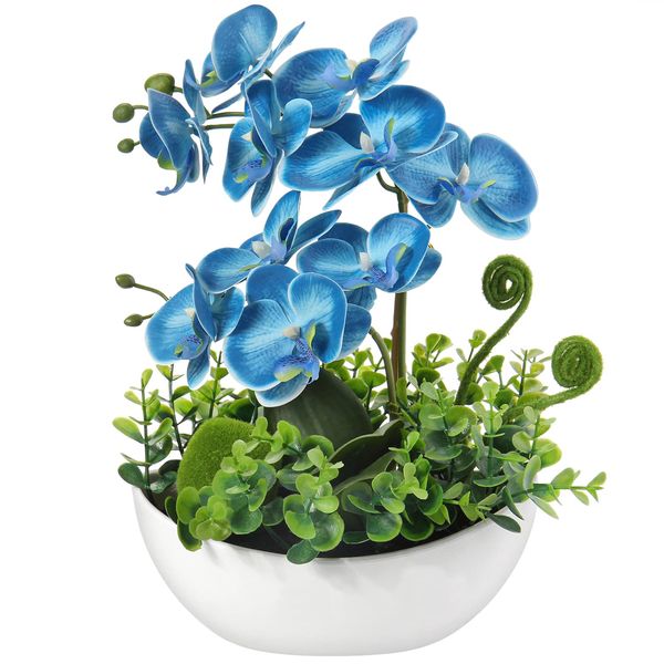 Briful Orchids Artificial Flowers 14" Blue Phalaenopsis Fake Orchid Flower Arrangements with Vase Faux Orchid for Home Bathroom Table Centerpiece Office Decor