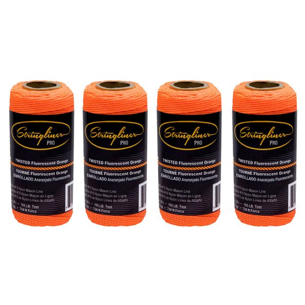Stringliner 35006 Mason’s Line Replacement Rolls – 1/8 Lb. #18 Construction Replacement Roll Twisted FL Orange 135'. (4 Pack)