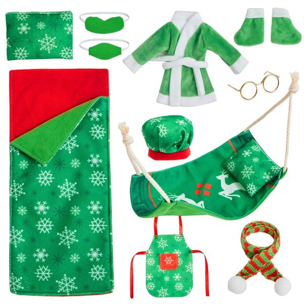 JOYIN 11 PCS Christmas Doll Clothes Accessories, Xmas Doll Sleeping Bag, Apron Hat Bathrobes Hammock Shoes Eye Mask Face Mask Scarf Pillow Glasses for Christmas Doll Outfits Supplies Kids Toys Gifts