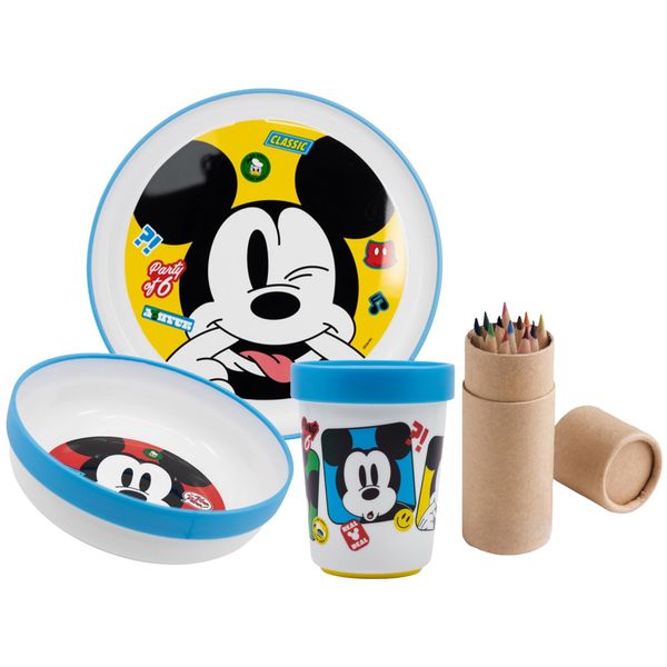 Official Mickey Mouse 3Pcs Coloured Premium Micro Dining Set - Plate, Bowl and Tumbler Dinnerware Set for Children