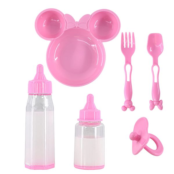 6 Pc Baby Doll Feeding Set with Two Magic Milk Bottles, Dummy, Plate, Fork & Spoon Pretend Play Doll Accessories Girls Boys Toy Playset Gift for Kids