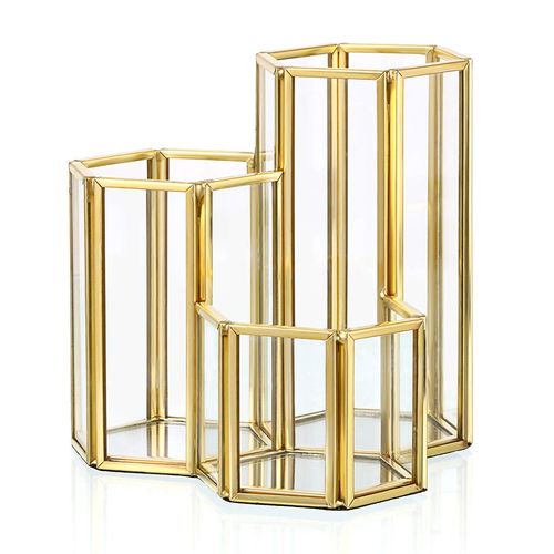 Hipiwe 3 Slots Glass Makeup Brush Holder - Gold Hexagon Cosmetics Brush Eyeliners Display Cup Home Decorative Makeup Organizer Desktop Pen/Pencil Pot Holder for Office