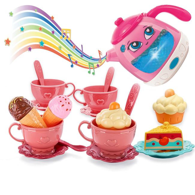 Jimbalaya Tea Party Set for Little Girls, Musical Mozartz Rainbow Colours Teapot with Songs & Sounds Pretend Play Toy Toddler Tea Set for Kids ,Toy Tea Set w/ Cupcake and Ice Cream