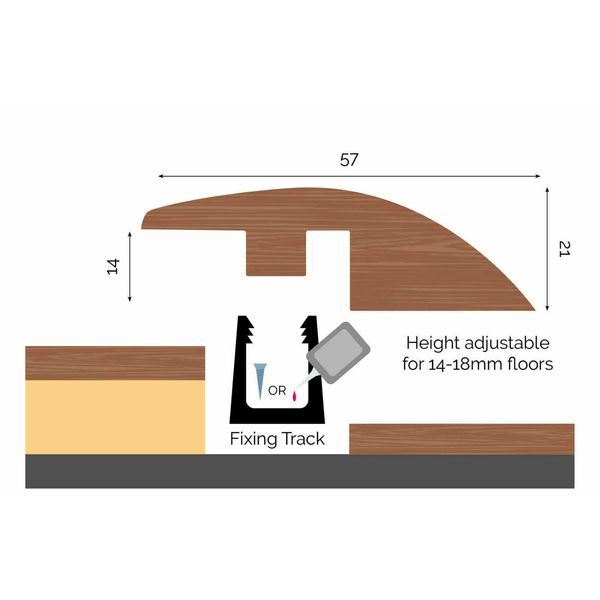 Adjustable 14mm to 18mm Ramp Reducer Threshold Door Bar for Solid & Engineered Wood Flooring (Walnut Stained Oak)