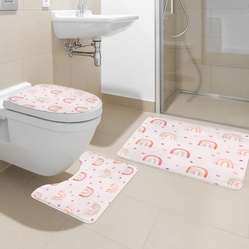 Ufeela 4 PCS Pink Kids Rainbow Shower Curtain Set 72Wx72H Inch Girls Boho Cute Bathroom Rug Set Polka Dot Child Toilet Lid Cover Nonslip U Shape Mat Quick Dry Rubber Backed Dirt Resistant Accessories