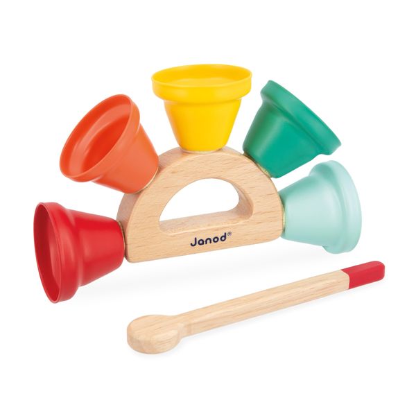 Janod Gioia Wood and Metal Handbell Set - 5 Metal Bells on a Wooden Holder and Mallet - Ages 18 Months - 3 Years - J07638