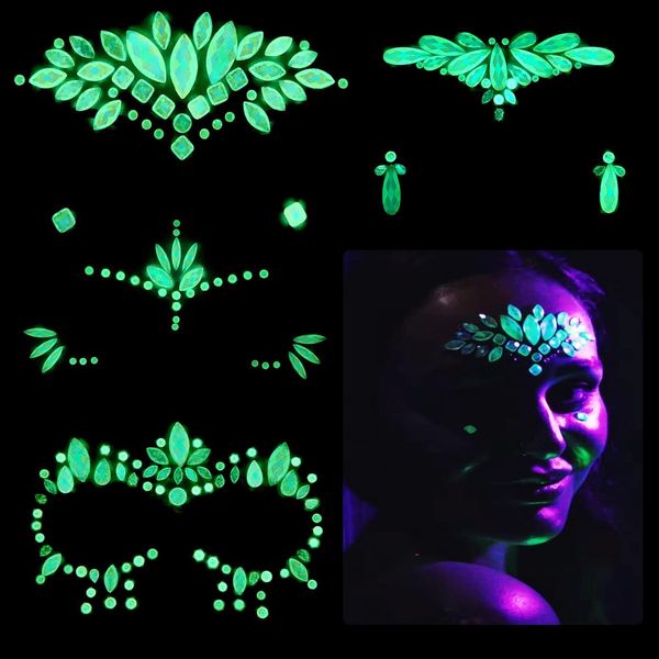 Kotbs Glow in The Dark Face Jewels, 4-Sheet Festival Face Jewels Face Gems Rhinestones Rave Eyes Body Bindi Temporary Stickers, Fairy Makeup Adult Costume for Women EDM Accessories