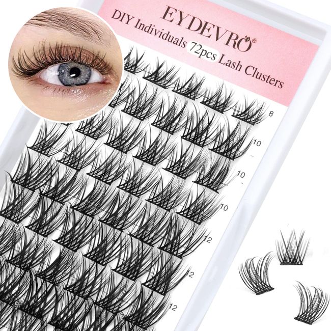 Lash Clusters Natural Individual Cluster Lashes DIY Eyelashes Extensions 72 pcs 3D Wispy False Eyelashes 8-16mm Mixed Length Lash Extension Supplies Pack by EYDEVRO