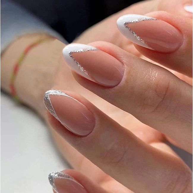 SINLOV 24pcs Almond Oval Fake Nails Glossy Press on False Nails Glitter Artificial Finger Nails Full Cover False Nails for Women and Girls