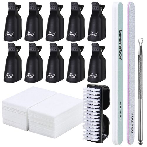 Teenitor Black Acrylic Nail Remover Kit - Gel Nail Polish Remover Kit with Nail Clips & Lint Free Wipes, Soak Off Nail Clips For Removing Gel Polish with Cuticle Pusher Nail File Buffer Block