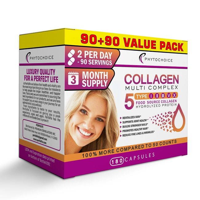 Multi Collagen Peptides-180 Capsules-Type I,II,III,V,X Anti-Aging Collagen Pills